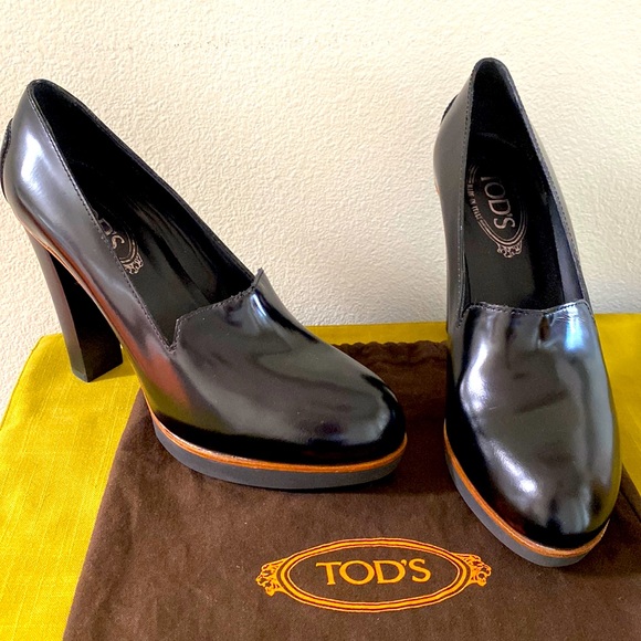 TOD’S Black Leather Loafer Platform Pumps Sz 39 Authentic...